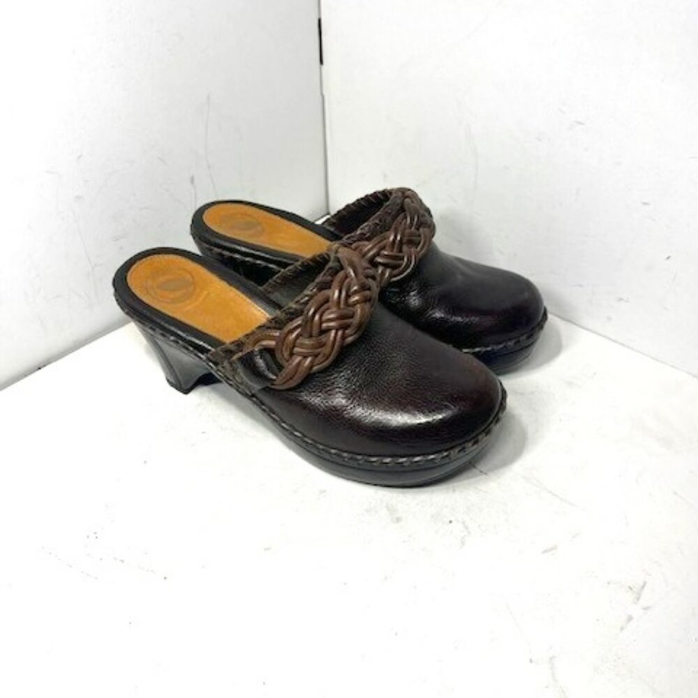 Nurture Chocolate Brown Braided‎ Sophia Slip On Heeled Leather Mules Clogs Sz 7M